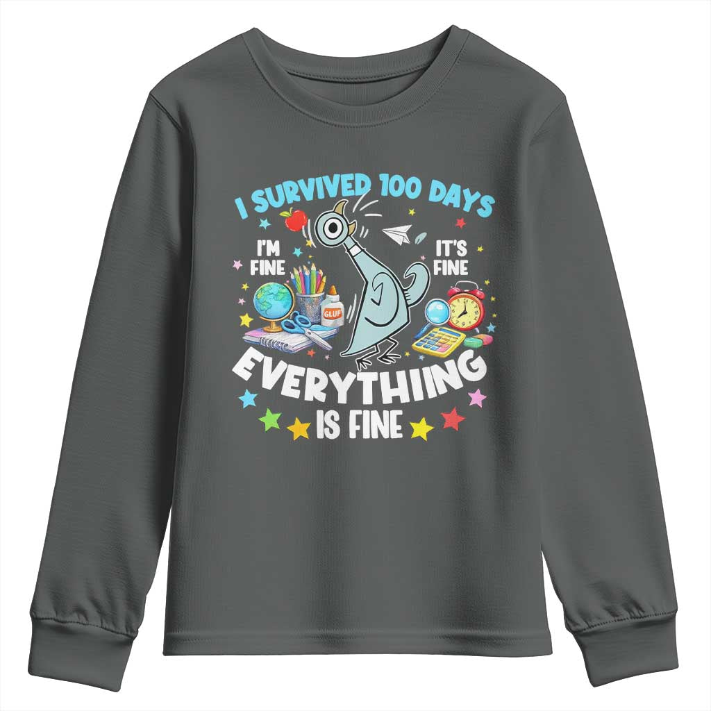 I Survived 100 Days Of School Youth Sweatshirt Funny Pigeon 100th Day Teacher TS10 Dark Heather Print Your Wear