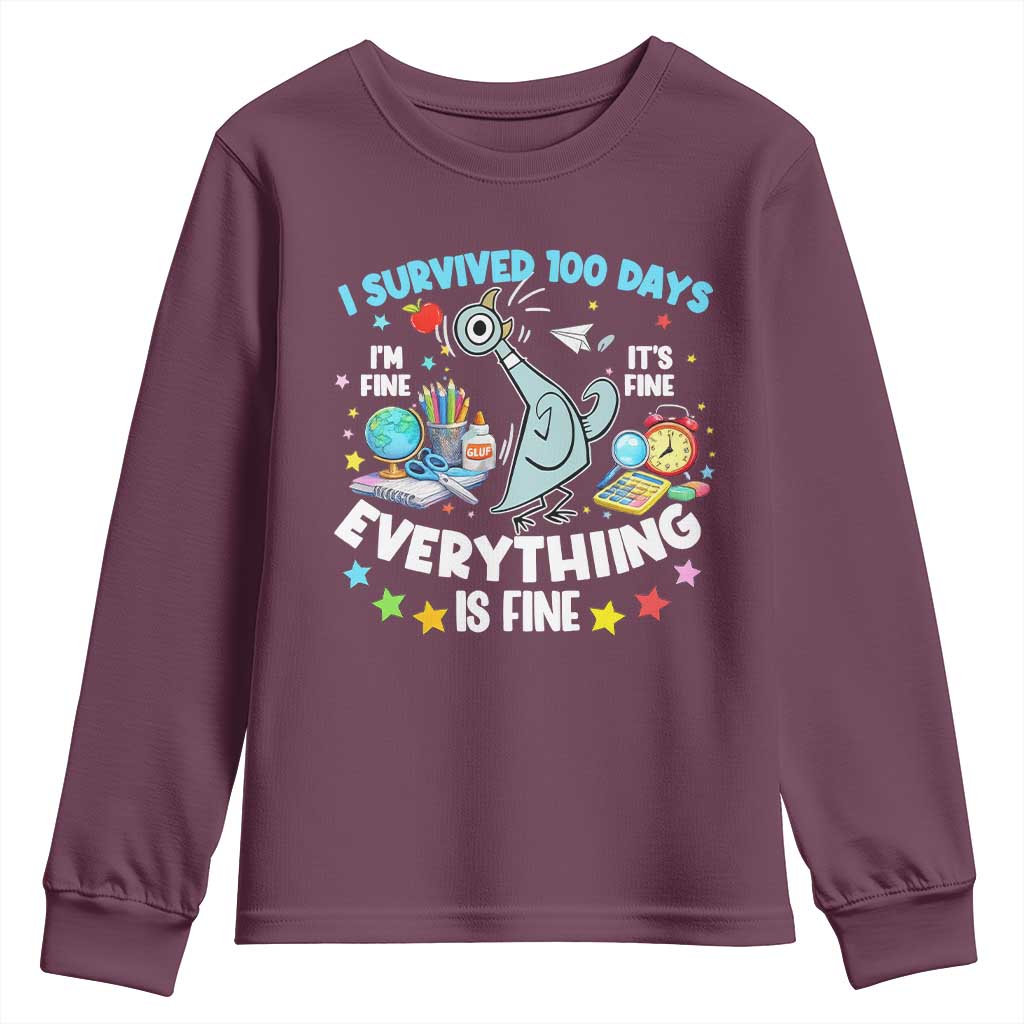 I Survived 100 Days Of School Youth Sweatshirt Funny Pigeon 100th Day Teacher TS10 Maroon Print Your Wear