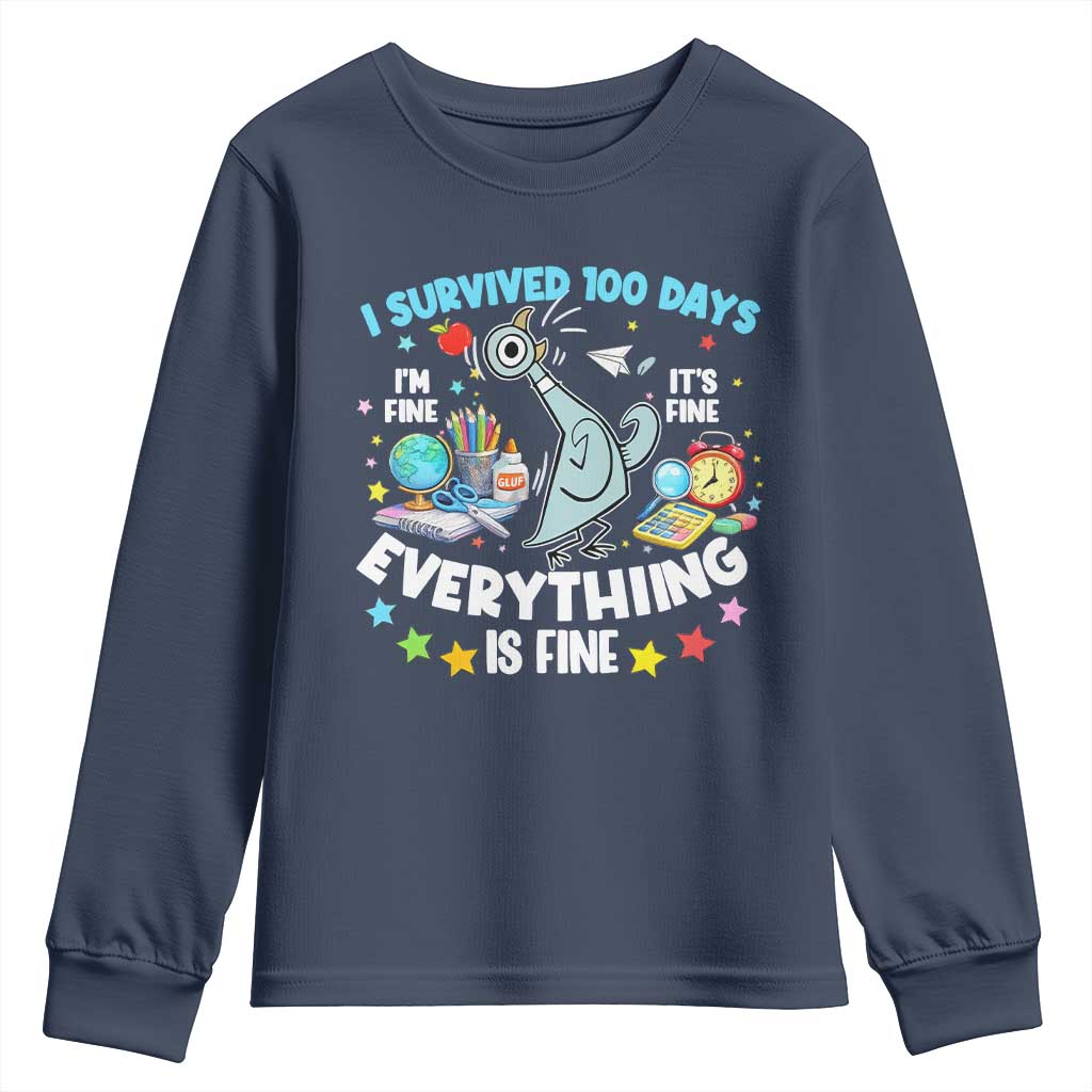 I Survived 100 Days Of School Youth Sweatshirt Funny Pigeon 100th Day Teacher TS10 Navy Print Your Wear