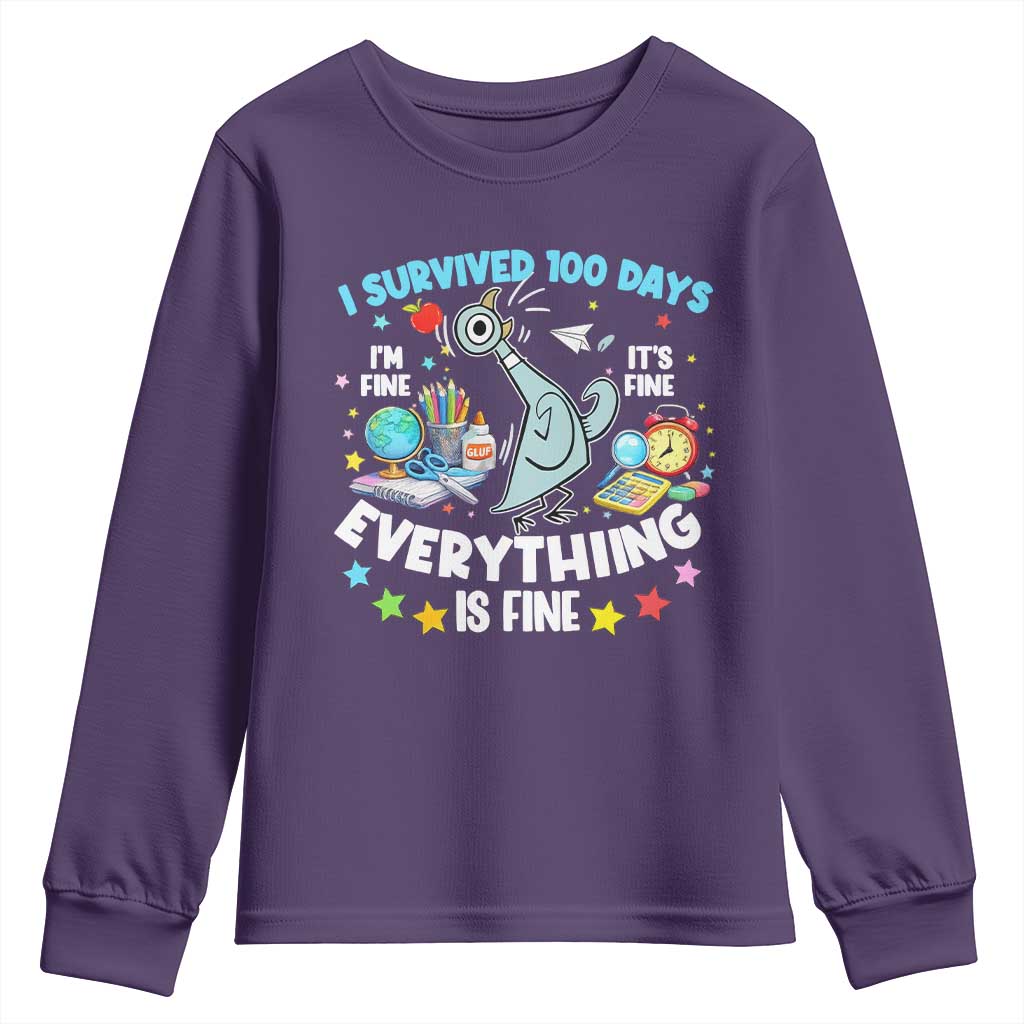 I Survived 100 Days Of School Youth Sweatshirt Funny Pigeon 100th Day Teacher TS10 Purple Print Your Wear