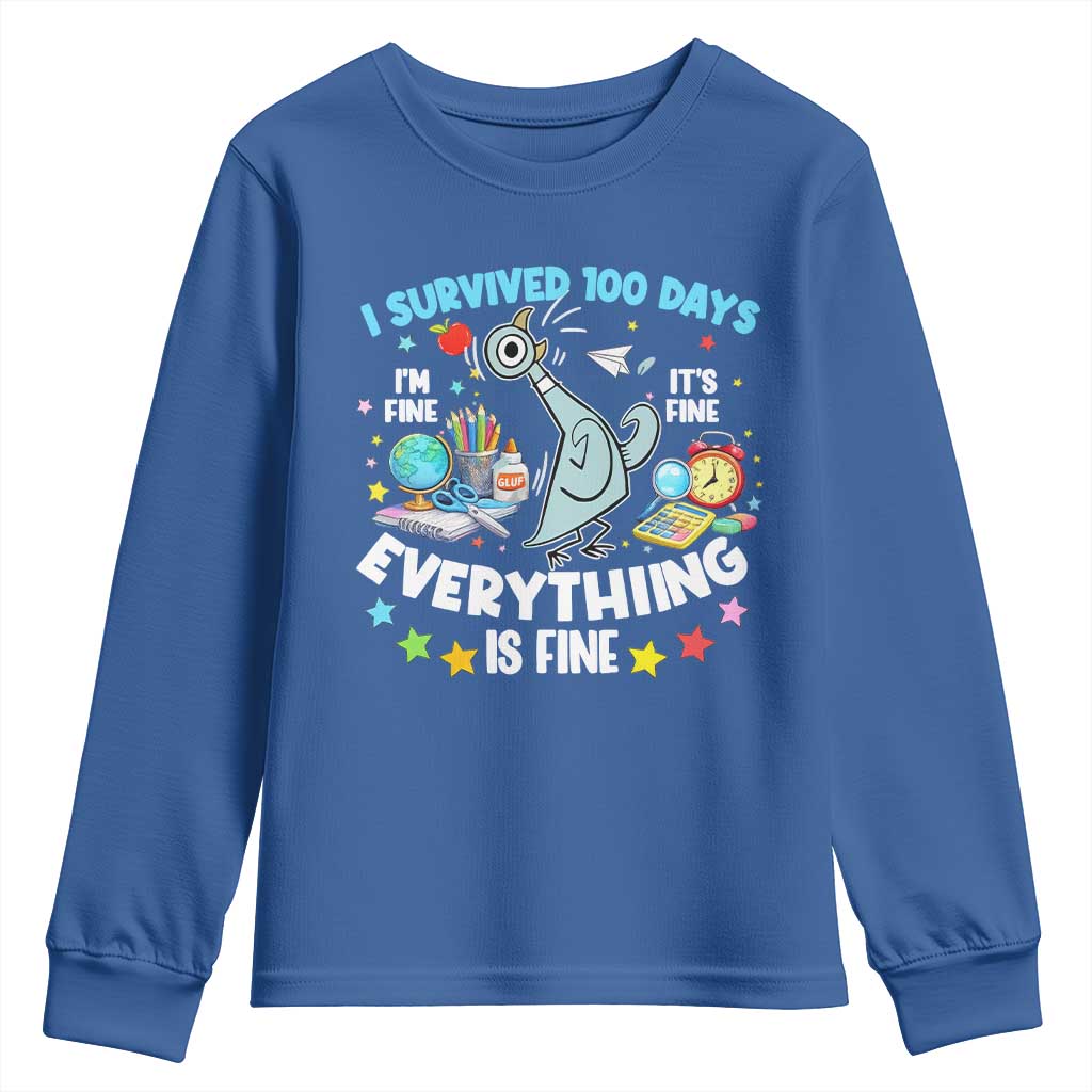 I Survived 100 Days Of School Youth Sweatshirt Funny Pigeon 100th Day Teacher TS10 Royal Blue Print Your Wear