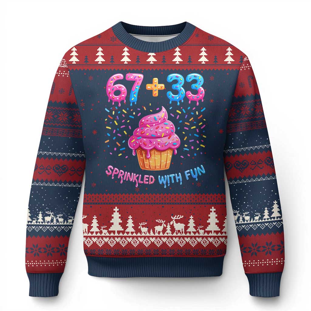 100th Day of School Girl Ugly Christmas Sweater 67 33 100 Days Sprinkled With Fun Cupcake Six Seven Meme TS10 Navy Red Print Your Wear