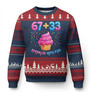 100th Day of School Girl Ugly Christmas Sweater 67 33 100 Days Sprinkled With Fun Cupcake Six Seven Meme TS10 Navy Red Print Your Wear