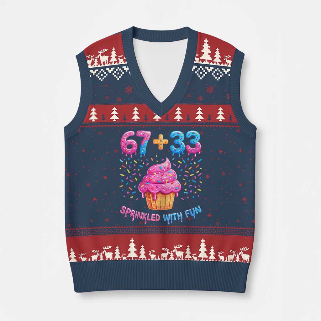 100th Day of School Girl V-Neck Knit Sweater Vest 67 33 100 Days Sprinkled With Fun Cupcake Six Seven Meme TS10 Navy Red Print Your Wear