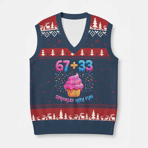 100th Day of School Girl V-Neck Knit Sweater Vest 67 33 100 Days Sprinkled With Fun Cupcake Six Seven Meme TS10 Navy Red Print Your Wear