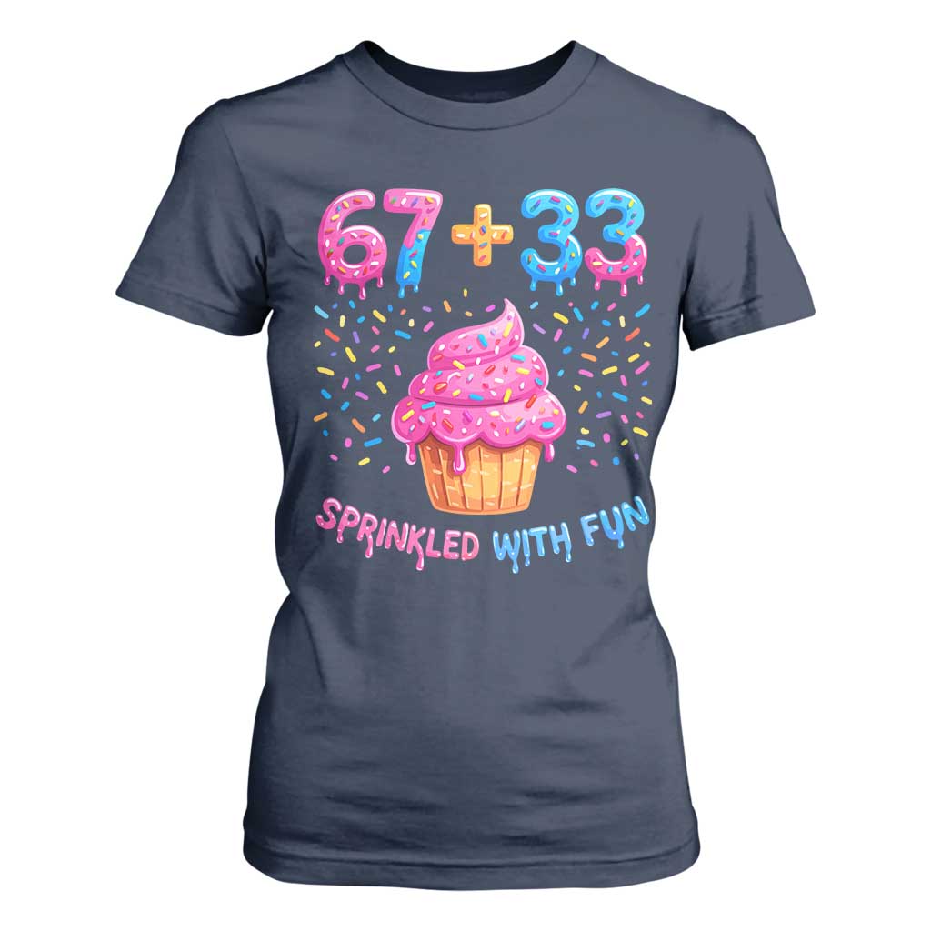100th Day of School Girl T Shirt For Women 67 33 100 Days Sprinkled With Fun Cupcake Six Seven Meme TS10 Navy Print Your Wear