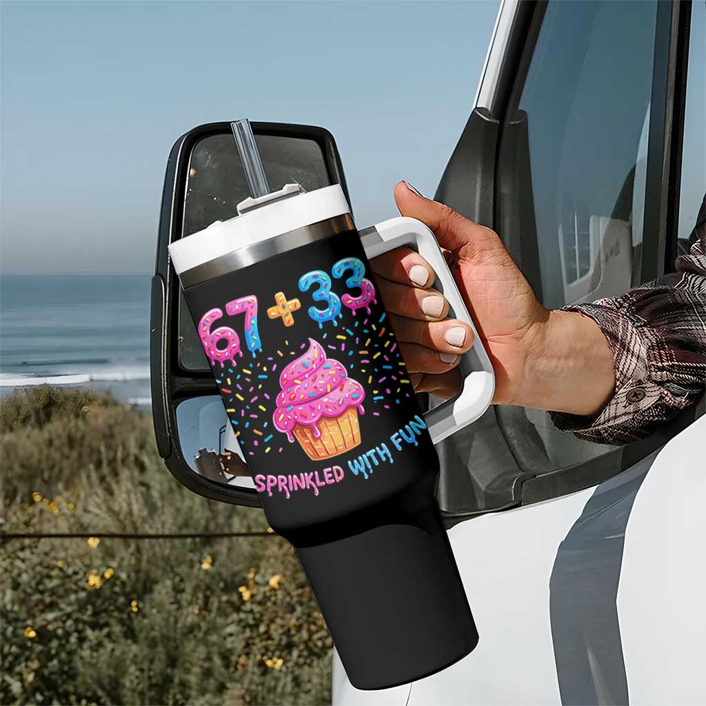 100th Day of School Girl Tumbler With Handle 67 33 100 Days Sprinkled With Fun Cupcake Six Seven Meme TS10 Print Your Wear