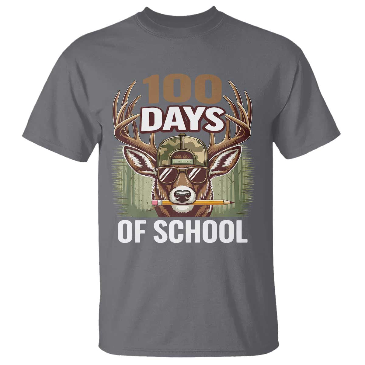 Deer 100 Days Of School T Shirt Camo Bucked 100 Days Smarter TS10 Charcoal Print Your Wear