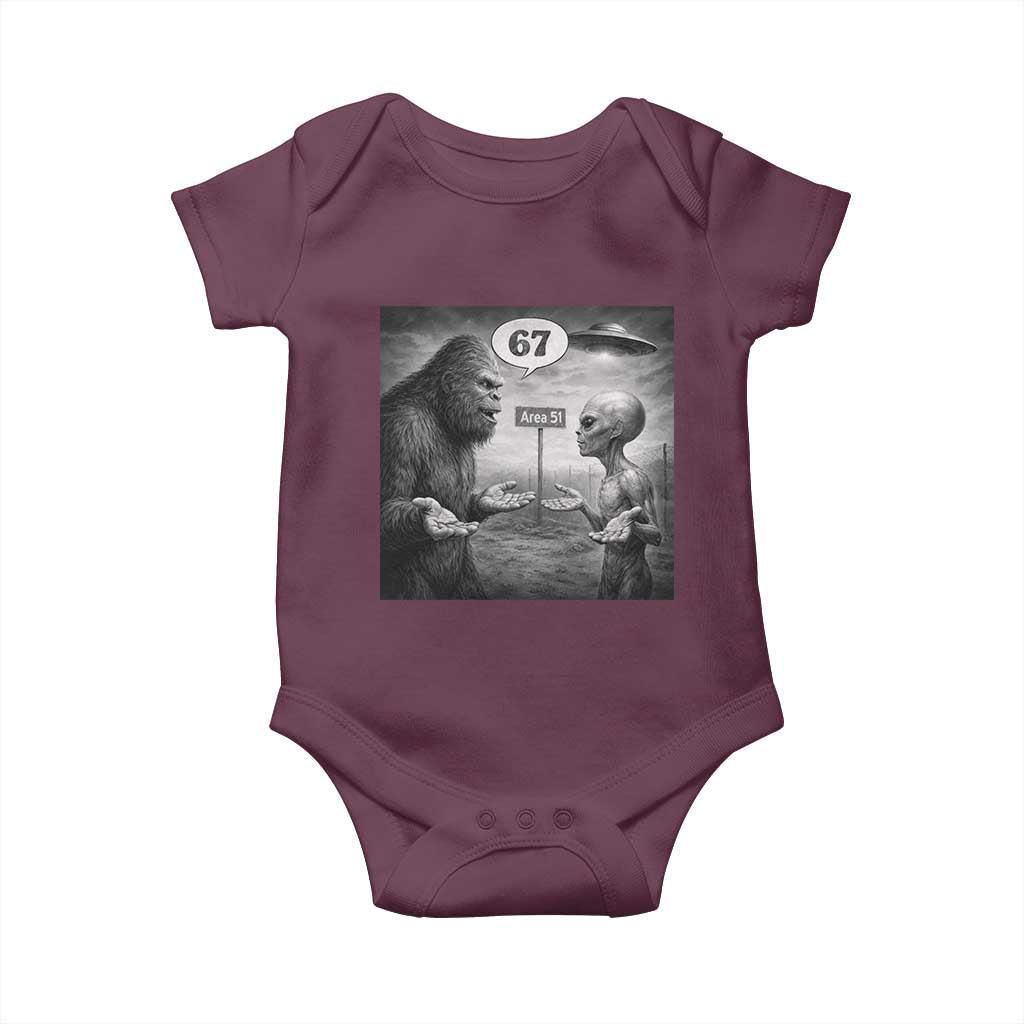 Funny 67 Meme Bigfoot Alien Baby Onesie Six Seven Sasquatch Area 51 UFO Conspiracy TS10 Maroon Print Your Wear