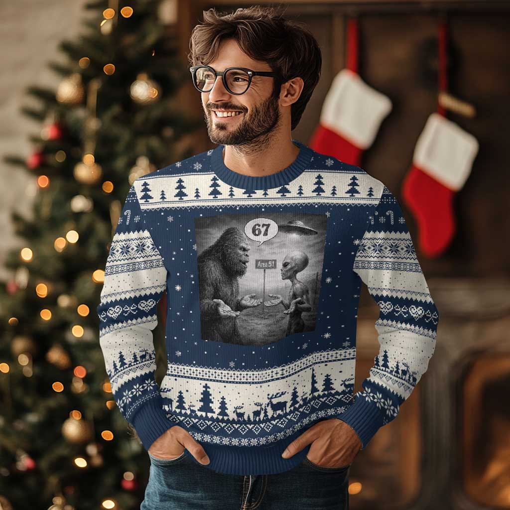 Funny 67 Meme Bigfoot Alien Ugly Christmas Sweater Six Seven Sasquatch Area 51 UFO Conspiracy TS10 Navy Beige Print Your Wear