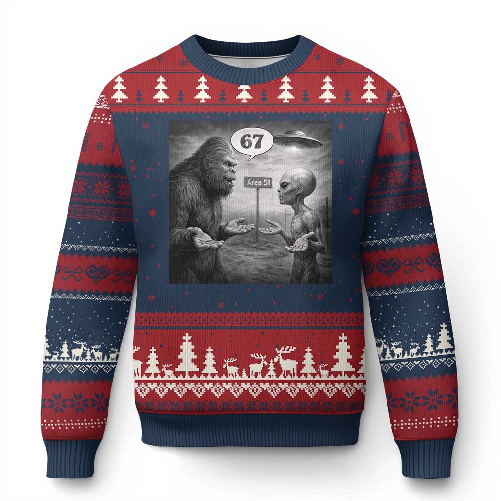 Funny 67 Meme Bigfoot Alien Ugly Christmas Sweater Six Seven Sasquatch Area 51 UFO Conspiracy TS10 Navy Red Print Your Wear