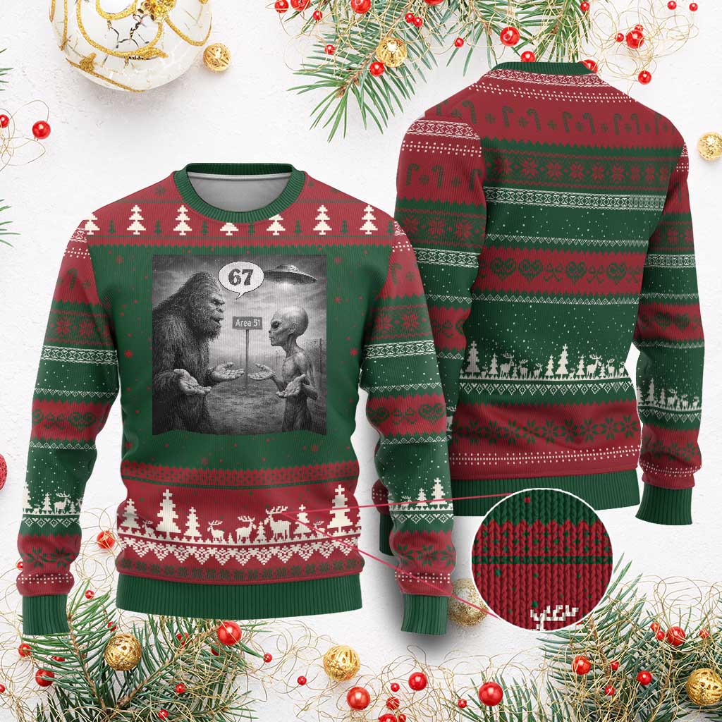 Funny 67 Meme Bigfoot Alien Ugly Christmas Sweater Six Seven Sasquatch Area 51 UFO Conspiracy TS10 Red Green Print Your Wear
