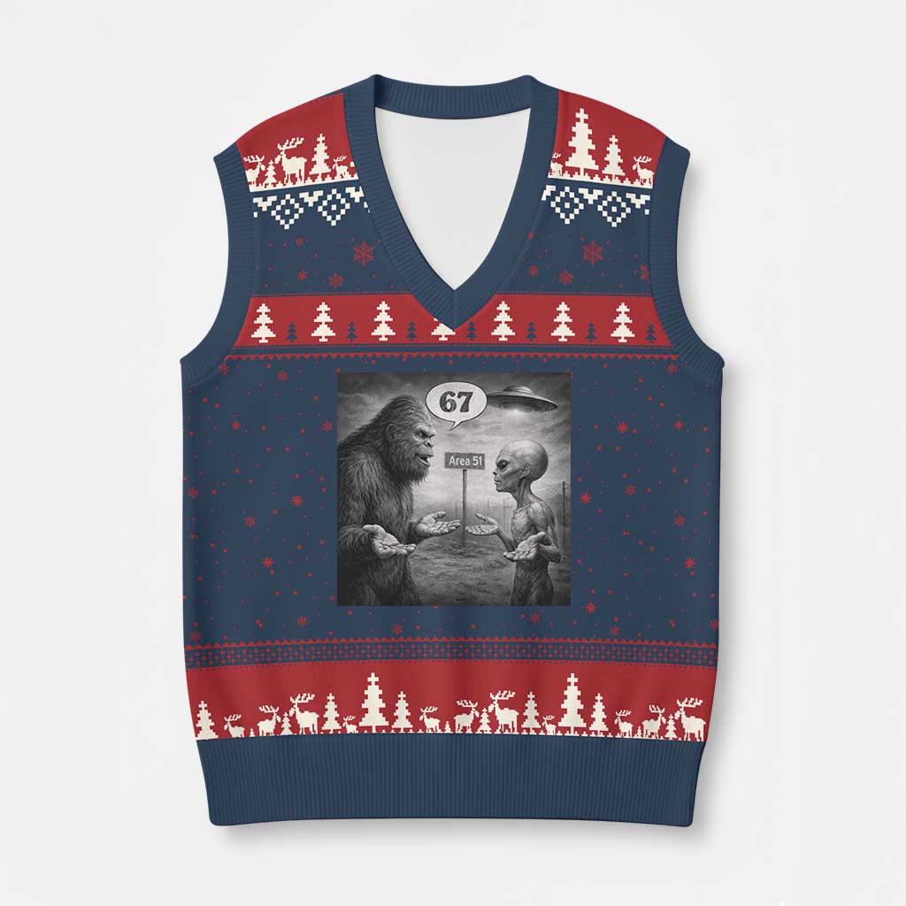 Funny 67 Meme Bigfoot Alien V-Neck Knit Sweater Vest Six Seven Sasquatch Area 51 UFO Conspiracy TS10 Navy Red Print Your Wear
