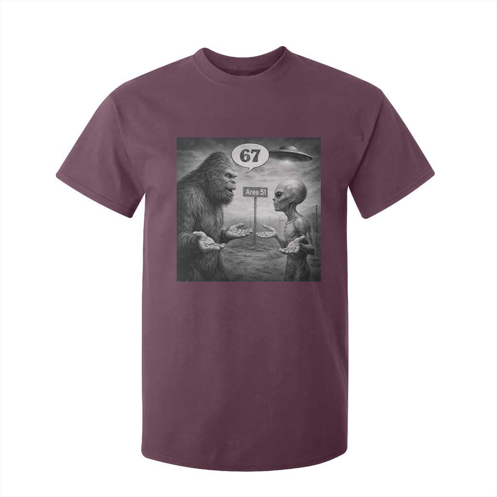 Funny 67 Meme Bigfoot Alien T Shirt For Kid Six Seven Sasquatch Area 51 UFO Conspiracy TS10 Maroon Print Your Wear
