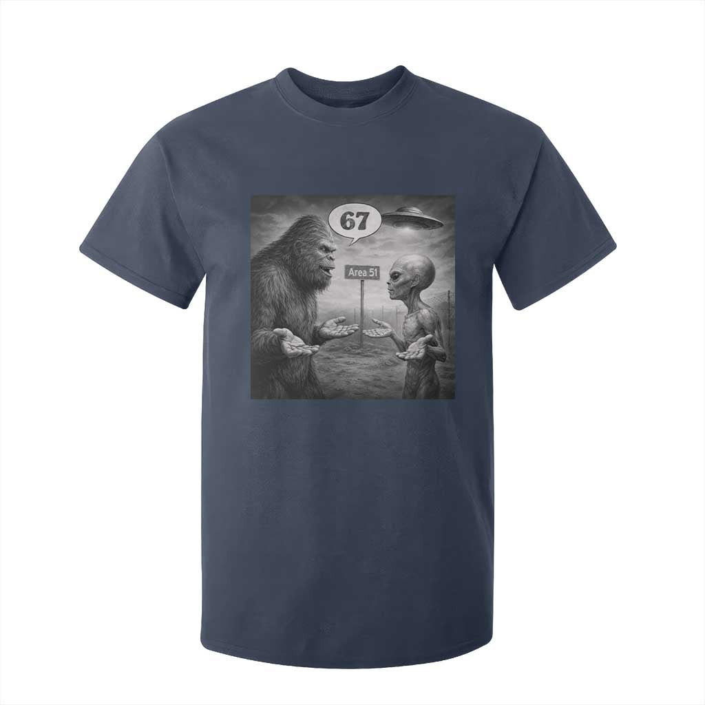Funny 67 Meme Bigfoot Alien T Shirt For Kid Six Seven Sasquatch Area 51 UFO Conspiracy TS10 Navy Print Your Wear