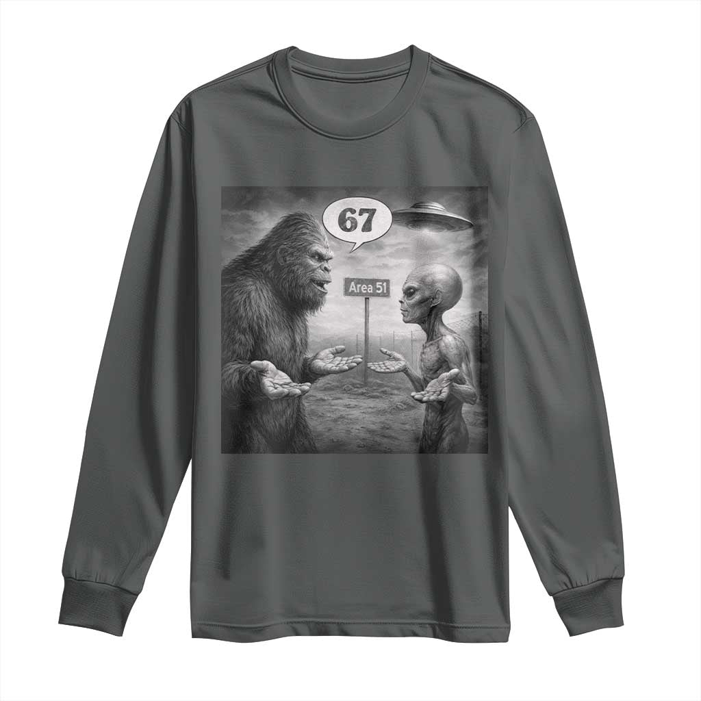 Funny 67 Meme Bigfoot Alien Long Sleeve Shirt Six Seven Sasquatch Area 51 UFO Conspiracy TS10 Dark Heather Print Your Wear