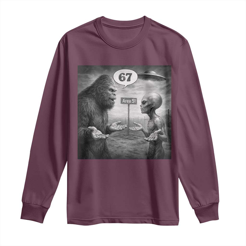 Funny 67 Meme Bigfoot Alien Long Sleeve Shirt Six Seven Sasquatch Area 51 UFO Conspiracy TS10 Maroon Print Your Wear
