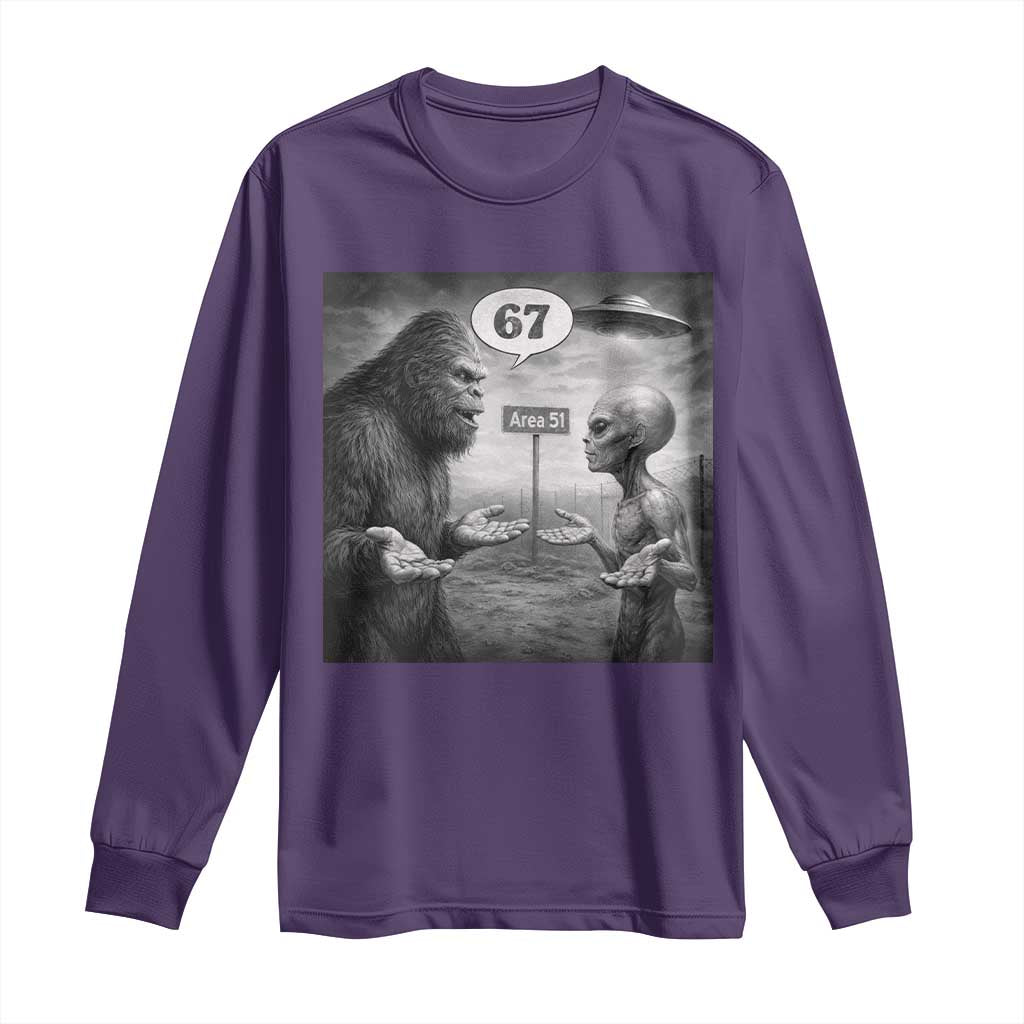 Funny 67 Meme Bigfoot Alien Long Sleeve Shirt Six Seven Sasquatch Area 51 UFO Conspiracy TS10 Purple Print Your Wear