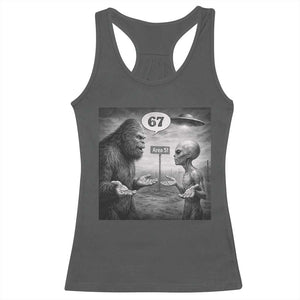 Funny 67 Meme Bigfoot Alien Racerback Tank Top Six Seven Sasquatch Area 51 UFO Conspiracy TS10 Dark Heather Print Your Wear