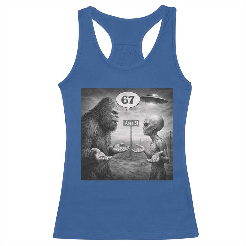 Funny 67 Meme Bigfoot Alien Racerback Tank Top Six Seven Sasquatch Area 51 UFO Conspiracy TS10 Royal Blue Print Your Wear