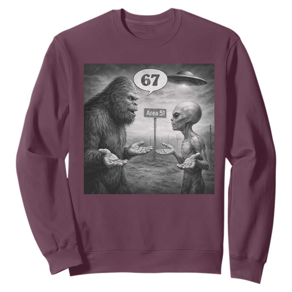 Funny 67 Meme Bigfoot Alien Sweatshirt Six Seven Sasquatch Area 51 UFO Conspiracy TS10 Maroon Print Your Wear