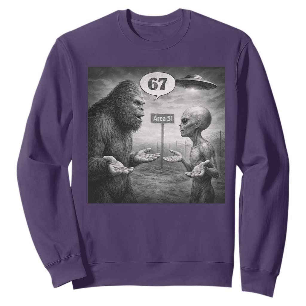 Funny 67 Meme Bigfoot Alien Sweatshirt Six Seven Sasquatch Area 51 UFO Conspiracy TS10 Purple Print Your Wear