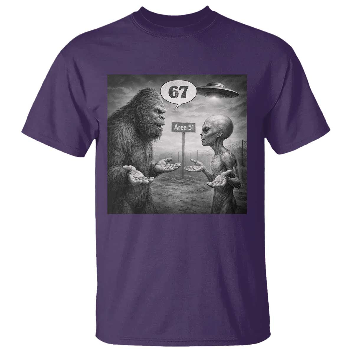 Funny 67 Meme Bigfoot Alien T Shirt Six Seven Sasquatch Area 51 UFO Conspiracy TS10 Purple Print Your Wear