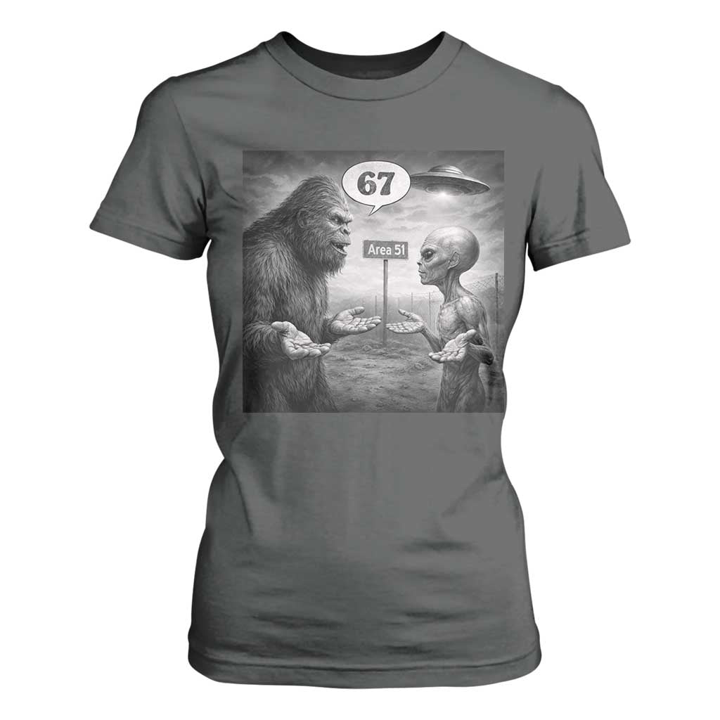 Funny 67 Meme Bigfoot Alien T Shirt For Women Six Seven Sasquatch Area 51 UFO Conspiracy TS10 Dark Heather Print Your Wear