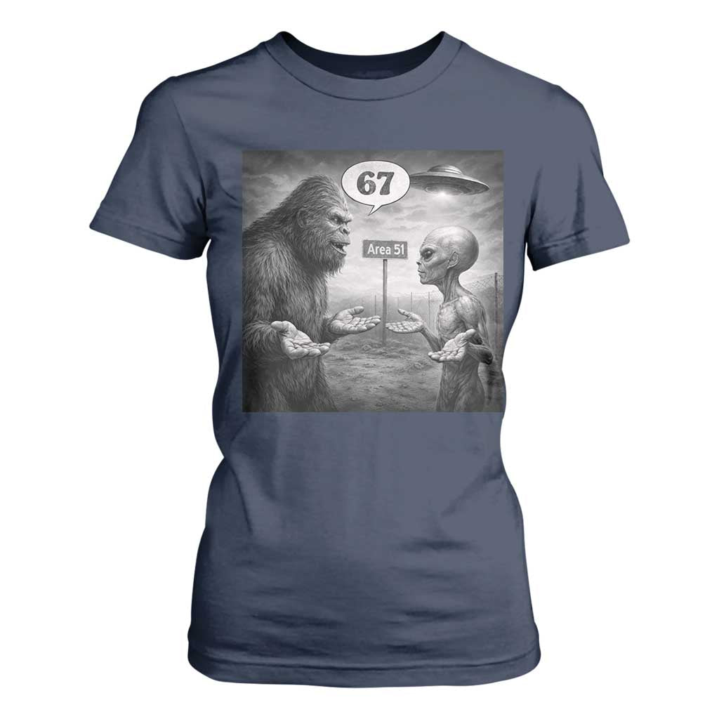 Funny 67 Meme Bigfoot Alien T Shirt For Women Six Seven Sasquatch Area 51 UFO Conspiracy TS10 Navy Print Your Wear