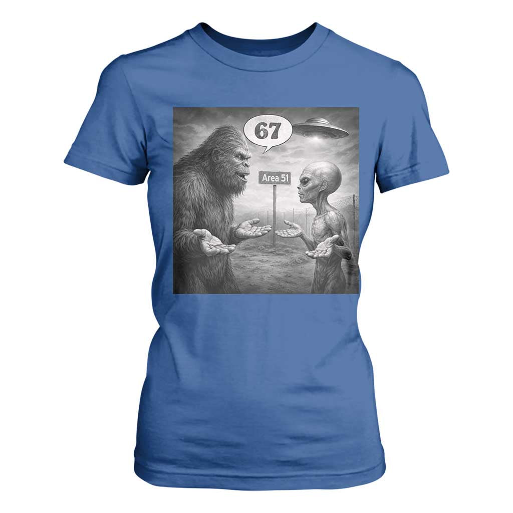 Funny 67 Meme Bigfoot Alien T Shirt For Women Six Seven Sasquatch Area 51 UFO Conspiracy TS10 Royal Blue Print Your Wear