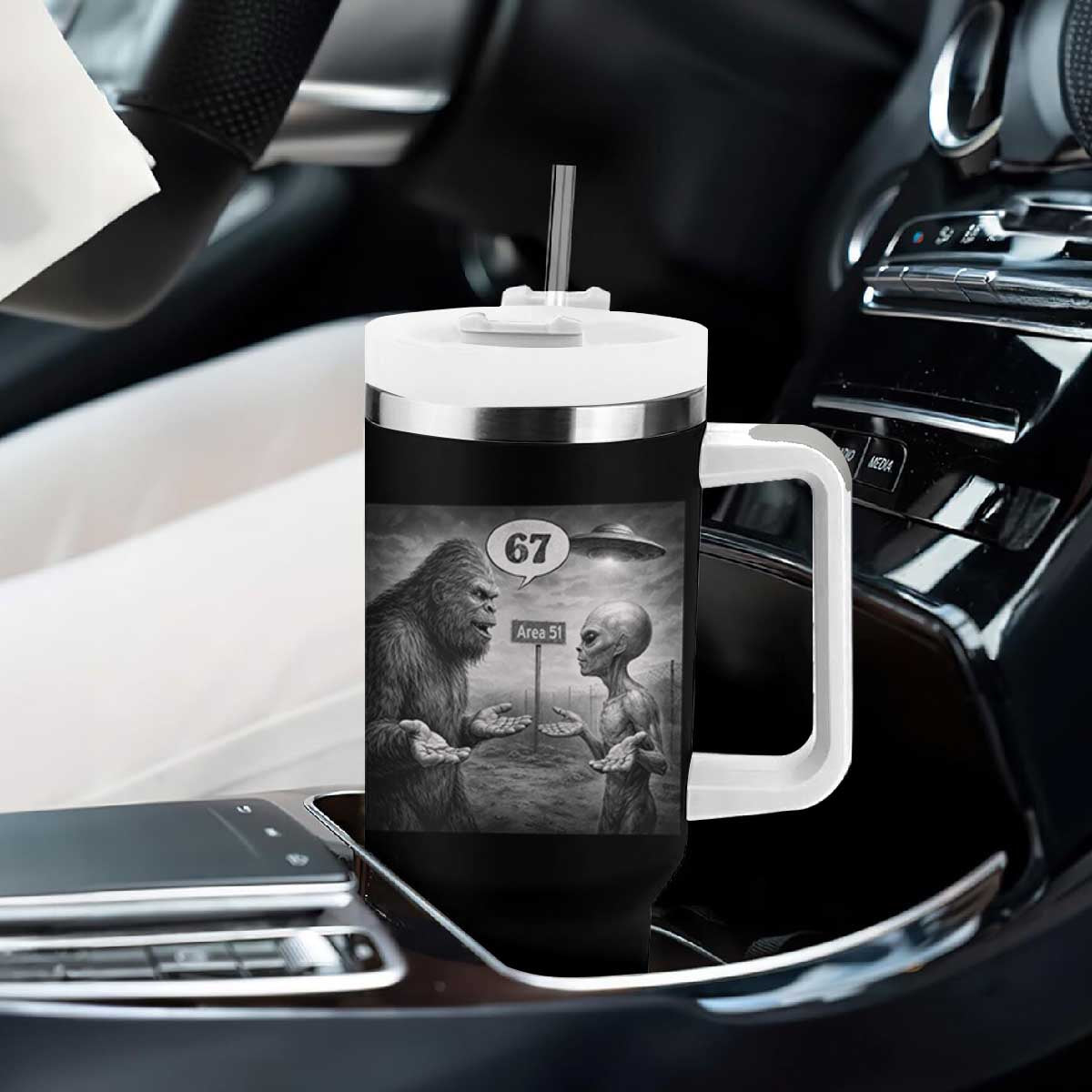 Funny 67 Meme Bigfoot Alien Tumbler With Handle Six Seven Sasquatch Area 51 UFO Conspiracy TS10 Print Your Wear