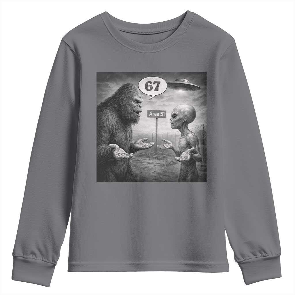 Funny 67 Meme Bigfoot Alien Youth Sweatshirt Six Seven Sasquatch Area 51 UFO Conspiracy TS10 Charcoal Print Your Wear