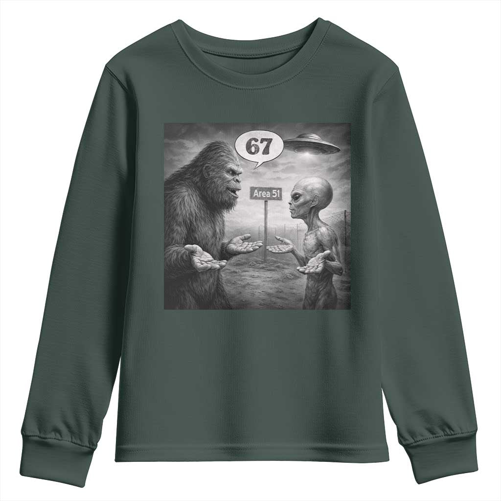 Funny 67 Meme Bigfoot Alien Youth Sweatshirt Six Seven Sasquatch Area 51 UFO Conspiracy TS10 Dark Forest Green Print Your Wear