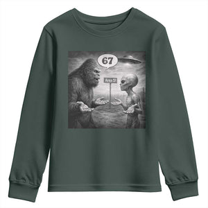 Funny 67 Meme Bigfoot Alien Youth Sweatshirt Six Seven Sasquatch Area 51 UFO Conspiracy TS10 Dark Forest Green Print Your Wear