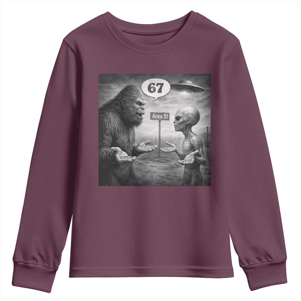 Funny 67 Meme Bigfoot Alien Youth Sweatshirt Six Seven Sasquatch Area 51 UFO Conspiracy TS10 Maroon Print Your Wear