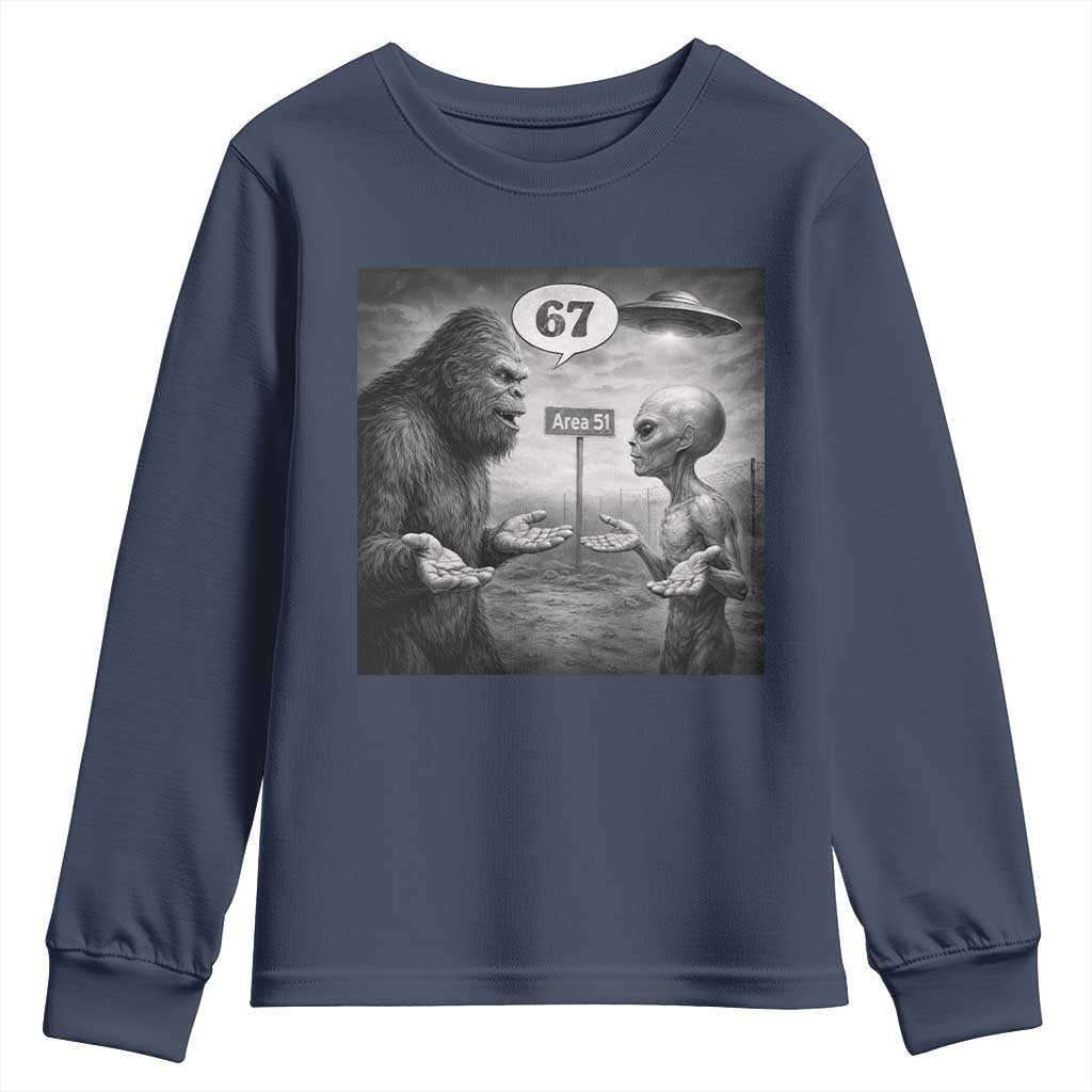 Funny 67 Meme Bigfoot Alien Youth Sweatshirt Six Seven Sasquatch Area 51 UFO Conspiracy TS10 Navy Print Your Wear