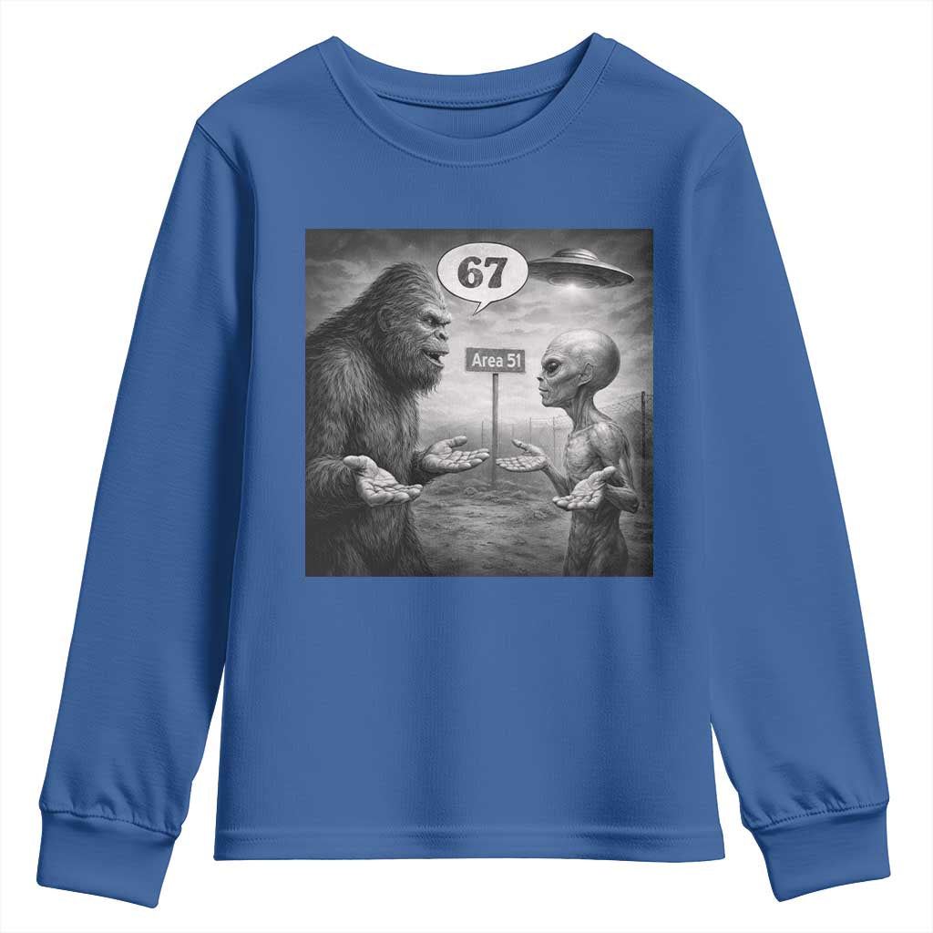 Funny 67 Meme Bigfoot Alien Youth Sweatshirt Six Seven Sasquatch Area 51 UFO Conspiracy TS10 Royal Blue Print Your Wear