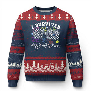 I Survived 67 33 100 Days of School Ugly Christmas Sweater Funny 100th Day of School Flowers TS10 Navy Red Print Your Wear