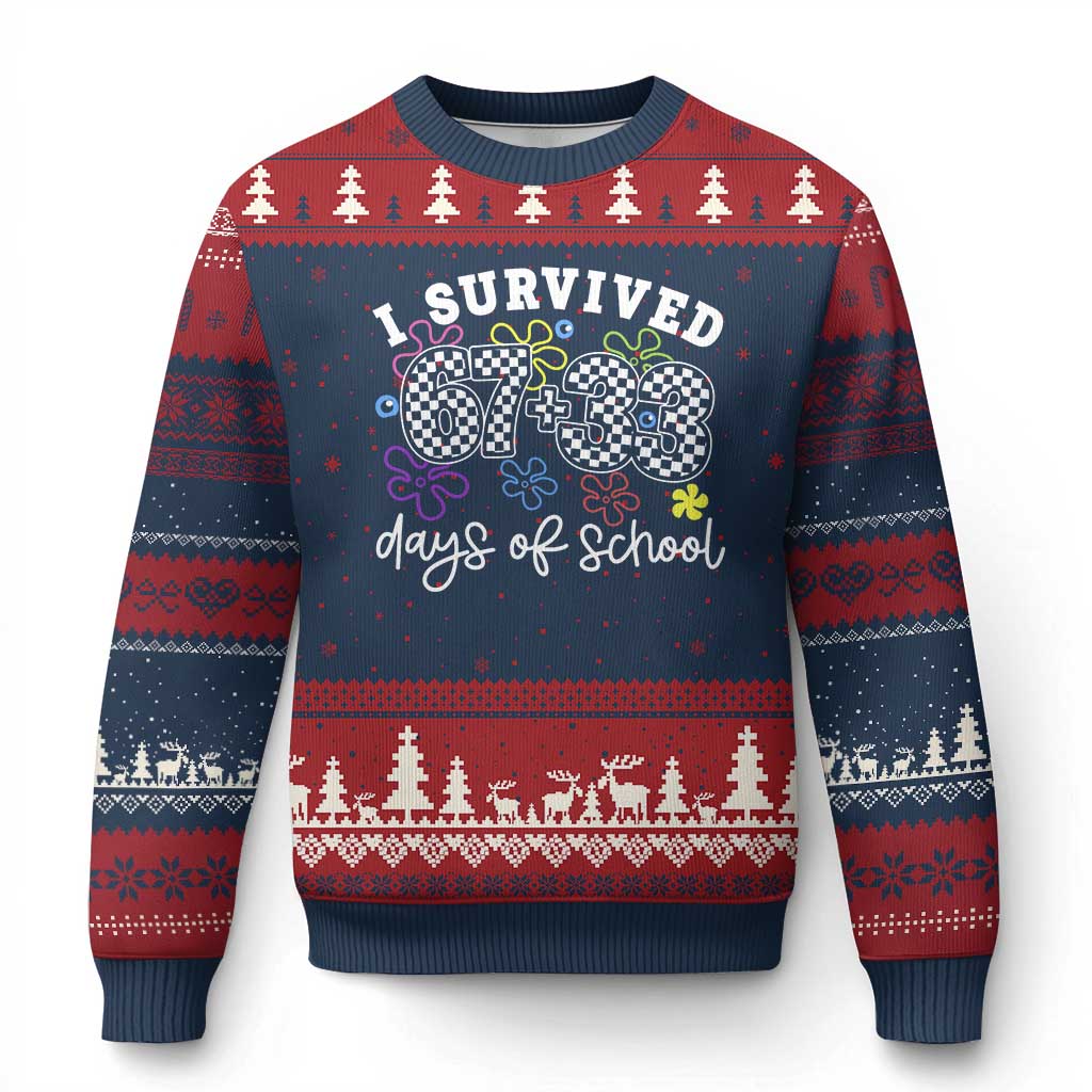 I Survived 67 33 100 Days of School Ugly Christmas Sweater Funny 100th Day of School Flowers TS10 Navy Red Print Your Wear