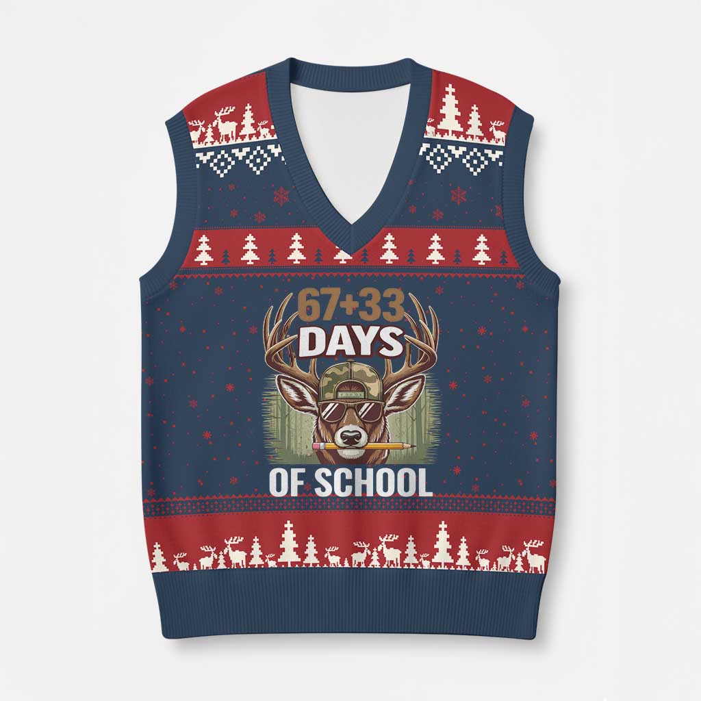 100 Days Of School V-Neck Knit Sweater Vest Funny 67 Six Seven Meme Deer School TS10 Navy Red Print Your Wear