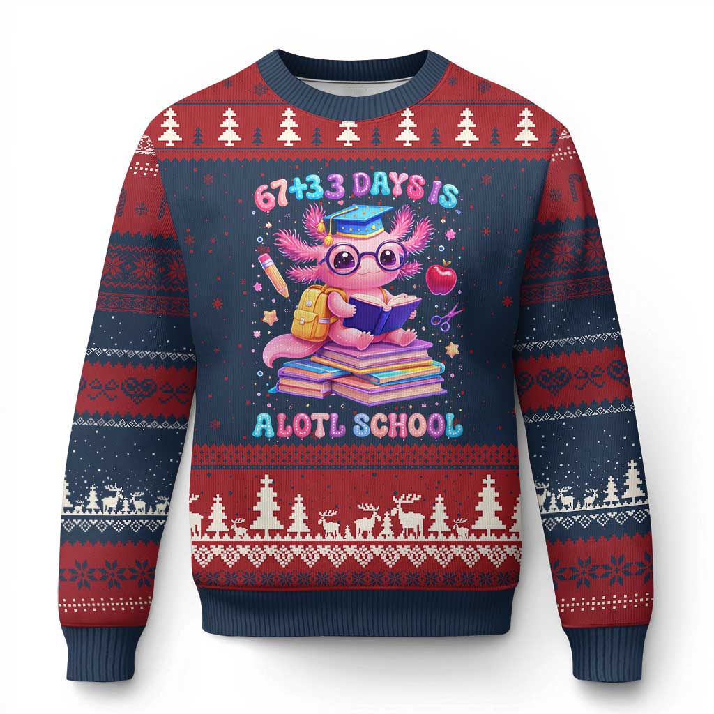 Axolotl 100 Days Of School Ugly Christmas Sweater 100 Days Is Alotl School 67 33 Six Seven Meme TS10 Navy Red Print Your Wear