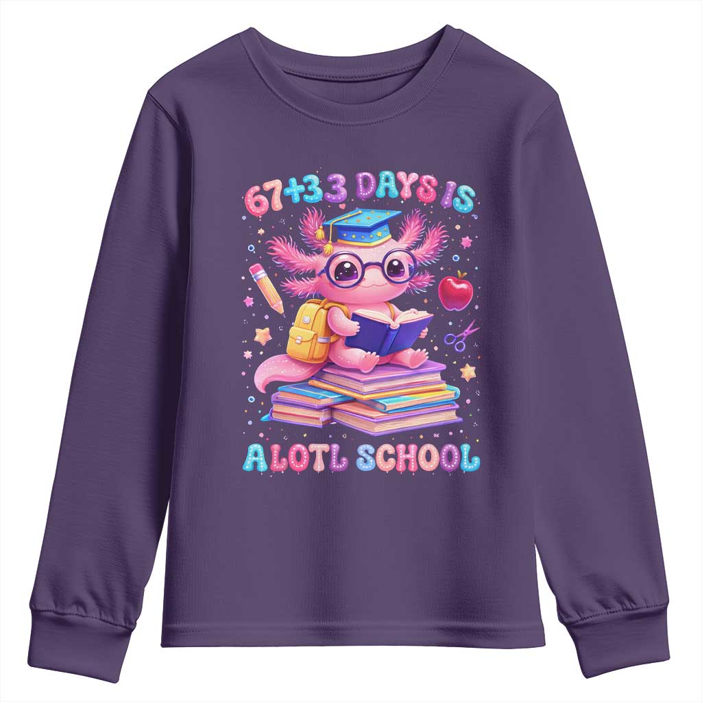 Axolotl 100 Days Of School Youth Sweatshirt 100 Days Is Alotl School 67 33 Six Seven Meme TS10 Purple Print Your Wear