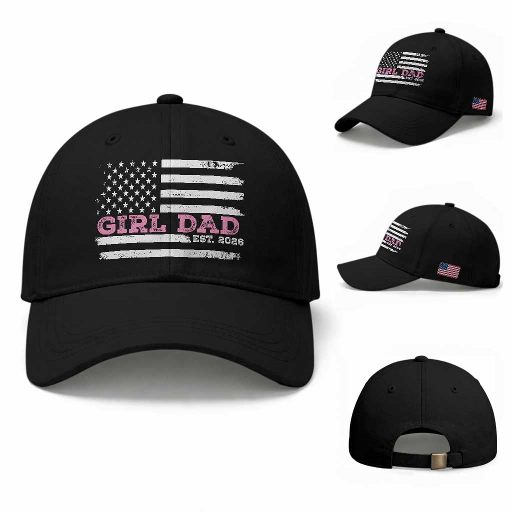 Personalised Dad Of Girl Baseball Cap Custom Year Daddy Fathers Day USA Flag TS10 Baseball Cap Universal Fit Black Print Your Wear