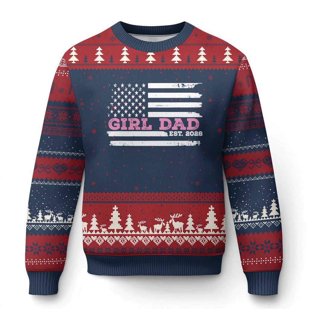 Dad Of Girl Est. 2026 Ugly Christmas Sweater Daddy Fathers Day USA Flag TS10 Navy Red Print Your Wear
