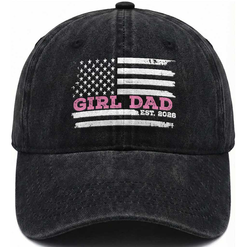 Dad Of Girl Est. 2026 Washed Cotton Baseball Cap Daddy Fathers Day USA Flag TS10 Print Your Wear