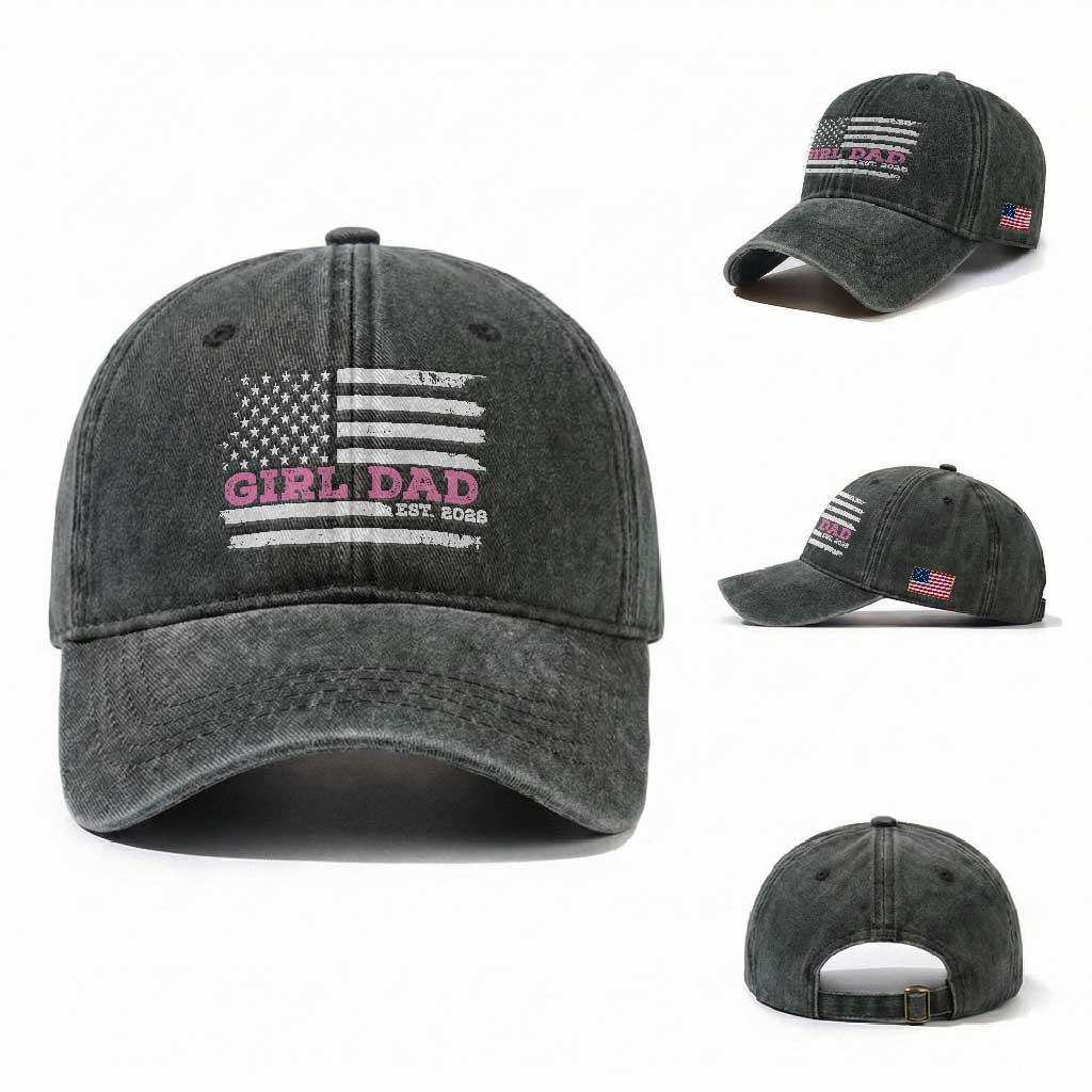 Dad Of Girl Est. 2026 Washed Cotton Baseball Cap Daddy Fathers Day USA Flag TS10 Washed Cap Universal Fit Dark Green Print Your Wear