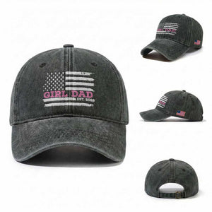 Dad Of Girl Est. 2026 Washed Cotton Baseball Cap Daddy Fathers Day USA Flag TS10 Washed Cap Universal Fit Dark Green Print Your Wear