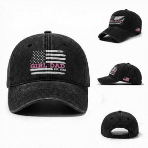 Dad Of Girl Est. 2026 Washed Cotton Baseball Cap Daddy Fathers Day USA Flag TS10 Washed Cap Universal Fit Black Print Your Wear