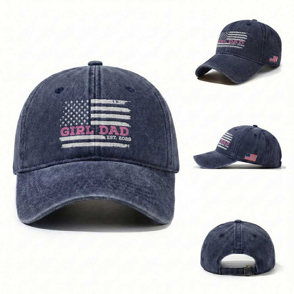 Dad Of Girl Est. 2026 Washed Cotton Baseball Cap Daddy Fathers Day USA Flag TS10 Washed Cap Universal Fit Navy Print Your Wear