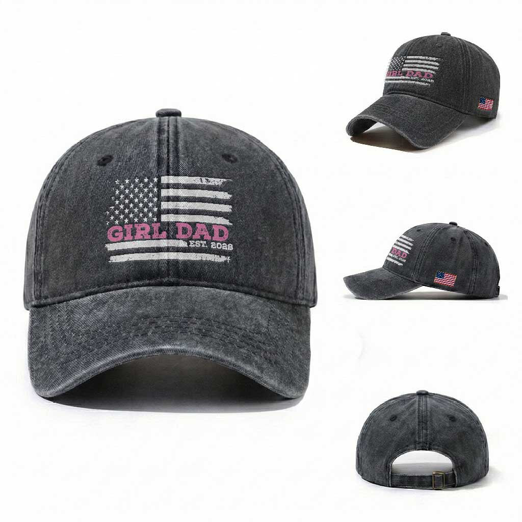 Dad Of Girl Est. 2026 Washed Cotton Baseball Cap Daddy Fathers Day USA Flag TS10 Washed Cap Universal Fit Dark Gray Print Your Wear